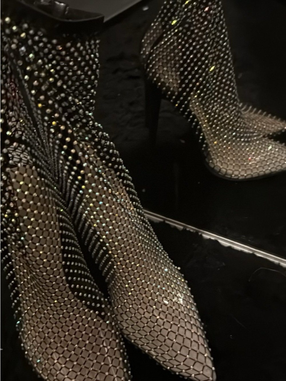 Crystal Mesh Pointed Toe Stiletto Booties in Black